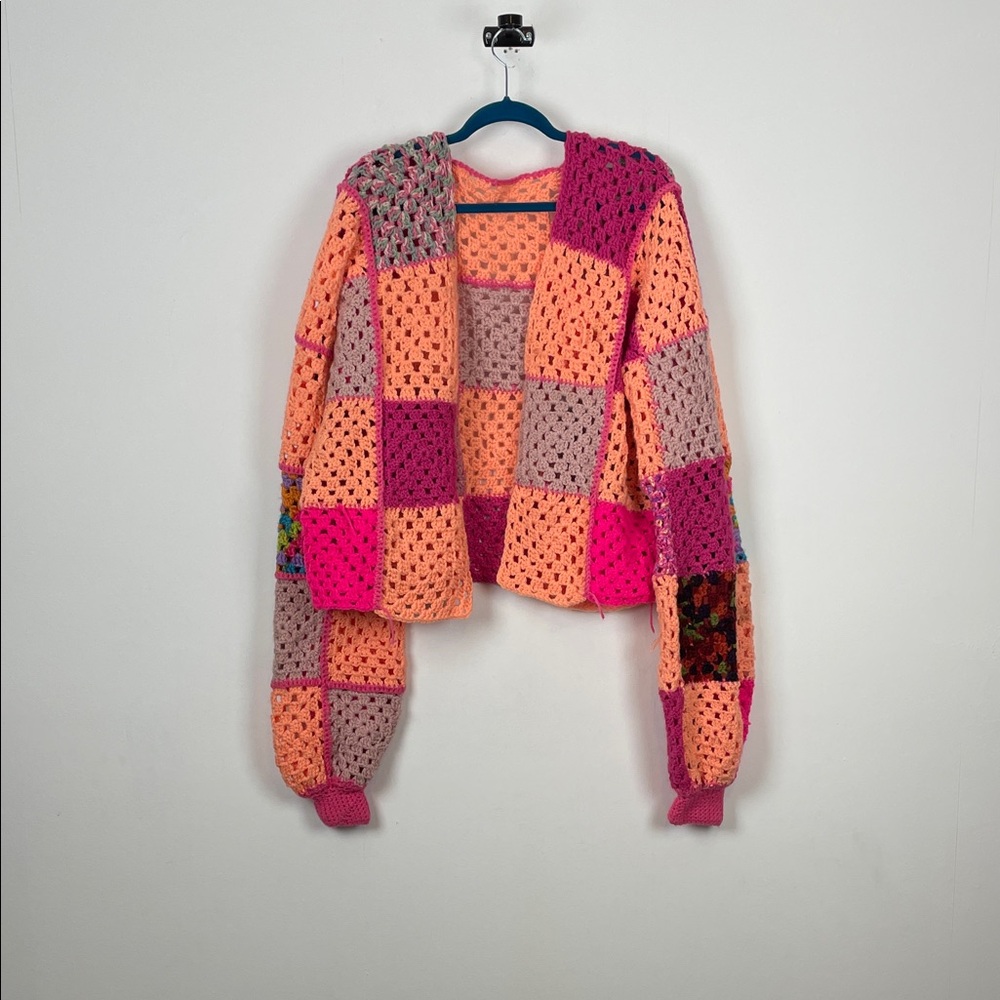 Handmade Granny Square Boho Colorful Patchwork Open Crochet Cardigan Sweater